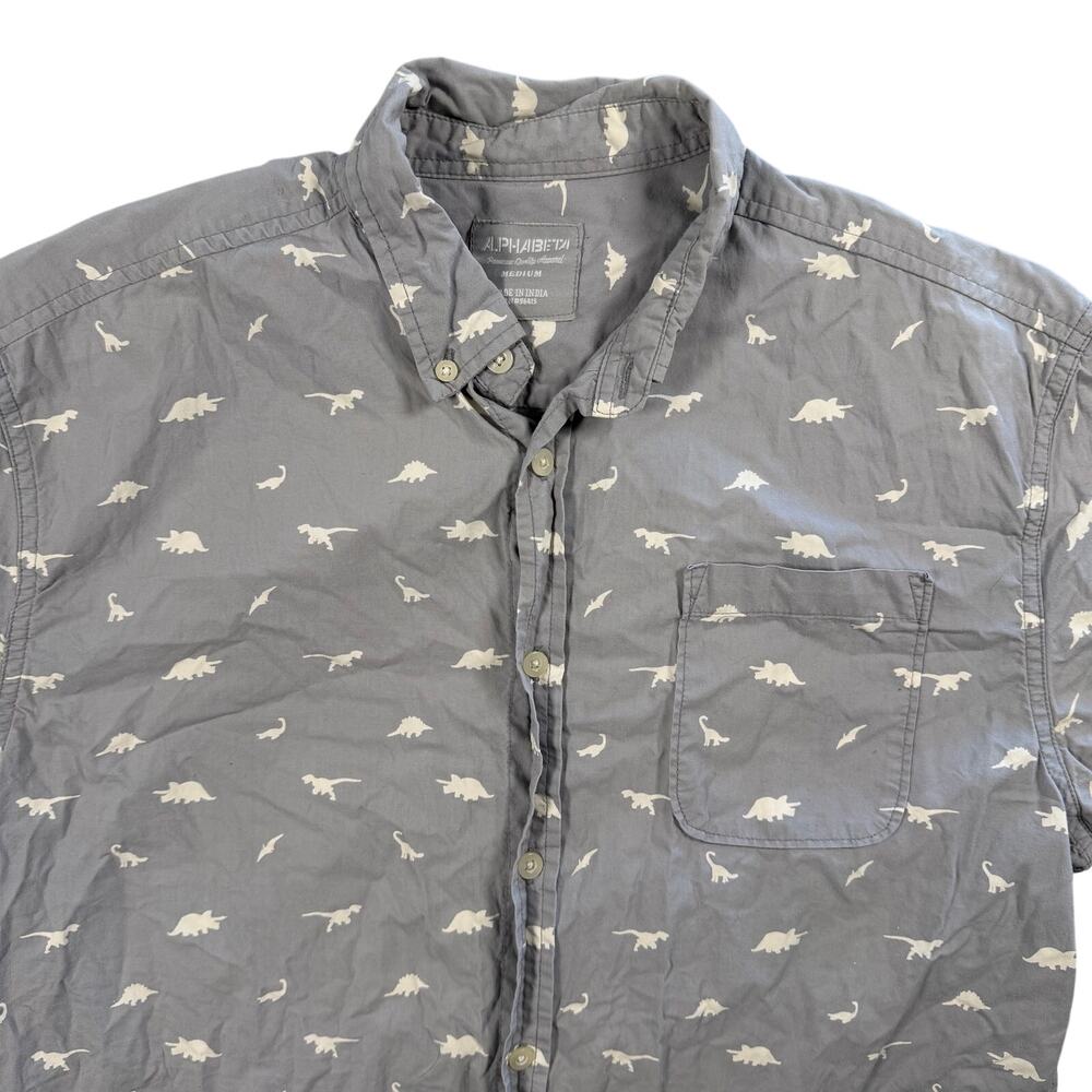 Alphabeta Men’s Medium Gray Dinosaur Print Button Up Shirt Short Sleeve Cotton